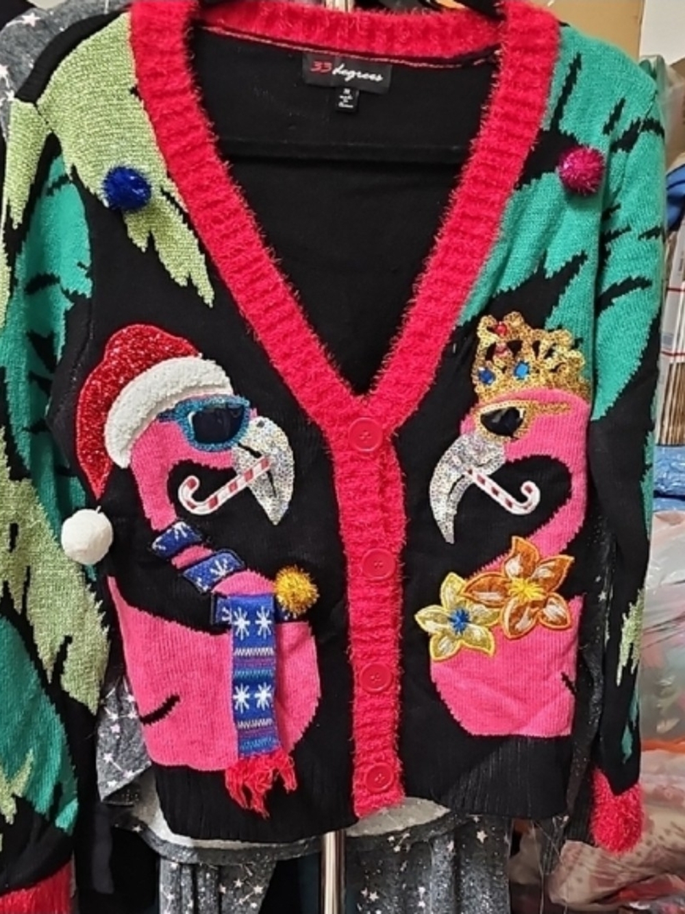 Nwt Flamingo Christmas V-Neck Cardigan Sweater